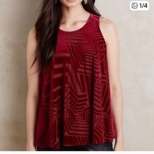 ANTHROPOLOGIE SUNDAY IN BROOKLYN Burgandy Red Velvet Tank art deco lined geo